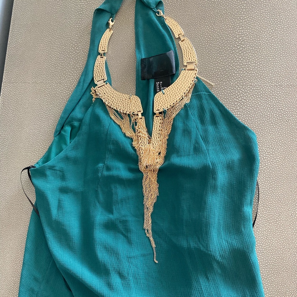 H&M Teal New gold necklace top shirt 2 XS fancy